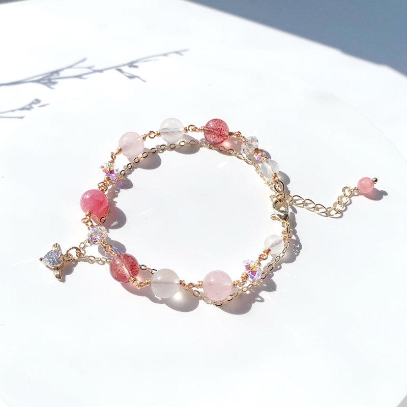 Rhodochrosite rose quartz strawberry crystal moonstone 14K gold-filled bracelet - สร้อยข้อมือ - คริสตัล สึชมพู