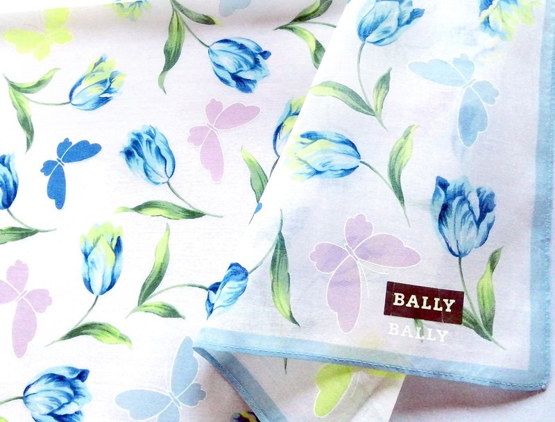 BALLY Vintage Handkerchief Floral Tulips 17.5 x 17.5 Birthday Gift for Her - 絲巾 - 棉．麻 藍色