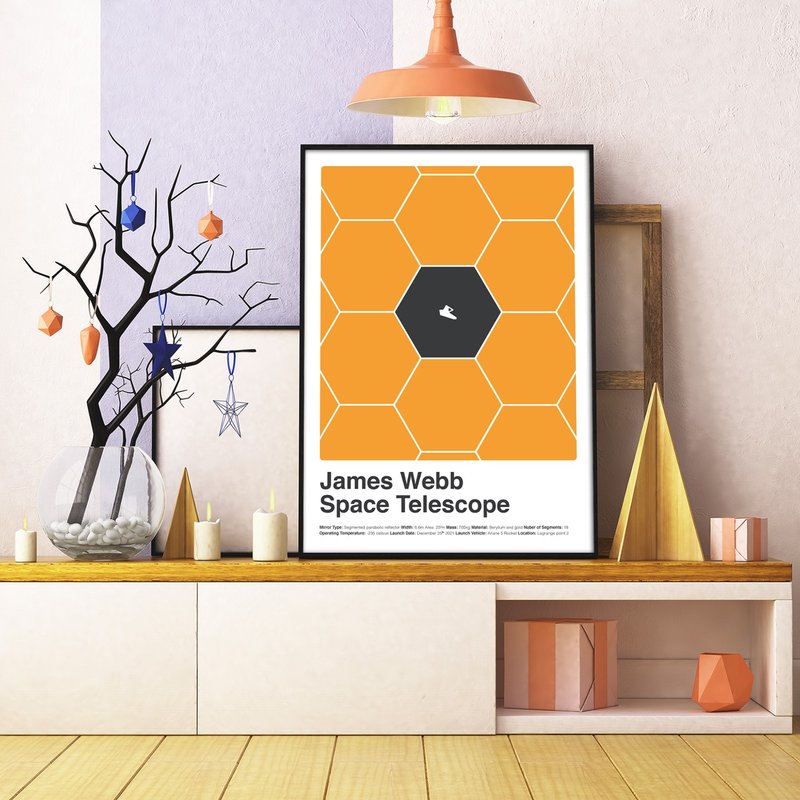 ジェームズ・ウェッブ宇宙望遠鏡 - 宇宙イラスト複製/宇宙人/惑星/サイドキャビネット - ポスター・絵 - コットン・麻 オレンジ