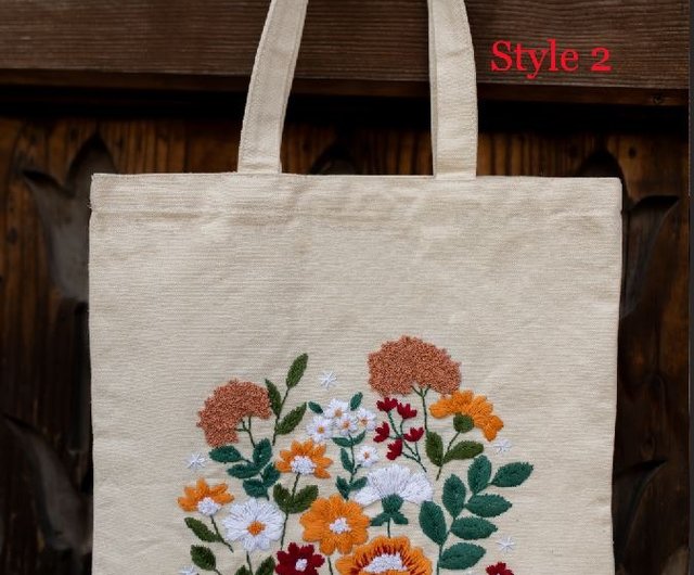 ボタニカルバッグ、刺繍トートバッグ、花束ショルダーバッグ - ショップ FLAXSI トートバッグ・ハンドバッグ - Pinkoi