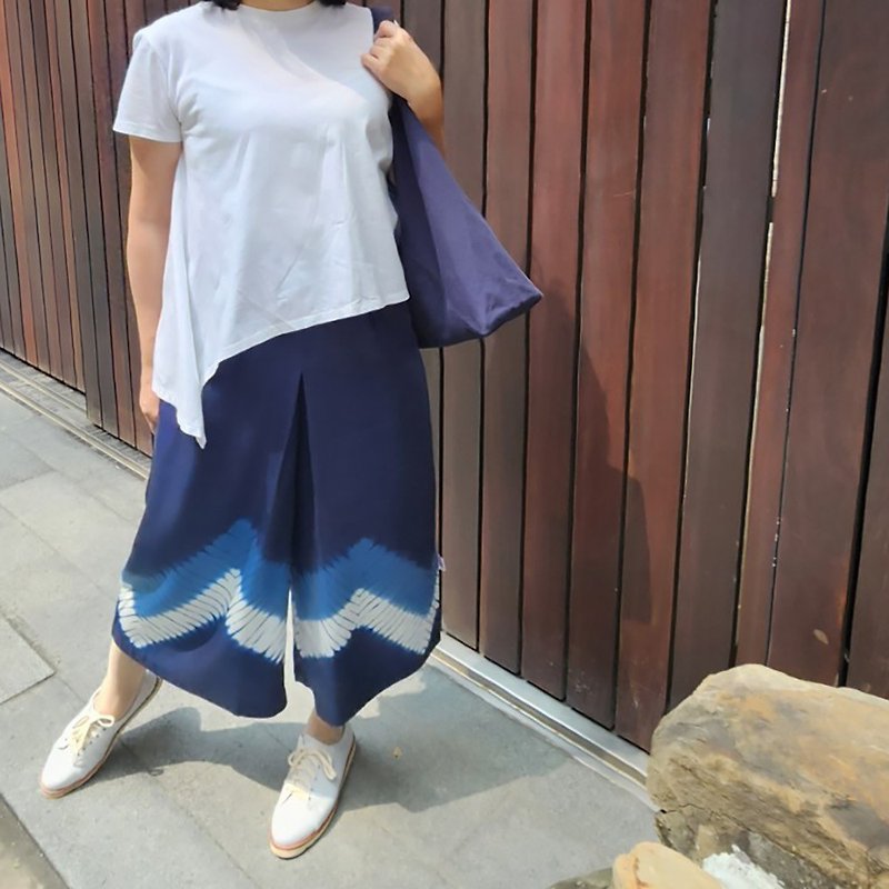 Tencel mountain road twist - wide pants (environmentally friendly digital printing) - เสื้อผู้หญิง - ผ้าฝ้าย/ผ้าลินิน สีน้ำเงิน