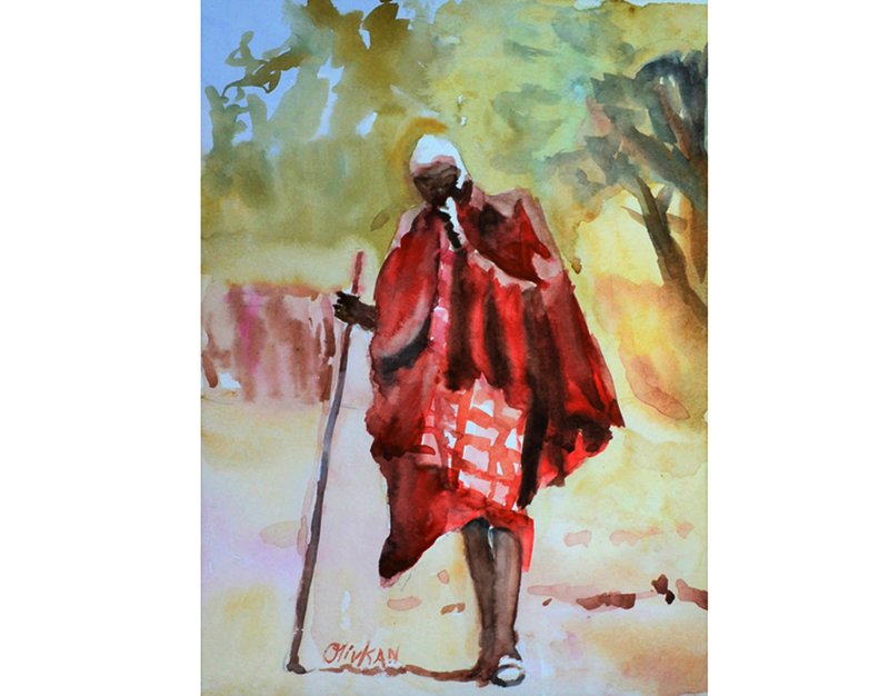 Maasai Painting Original Watercolor African Man Artwork Maasai Tribe Etnica Art - 海報/掛畫/掛布 - 其他材質 紅色