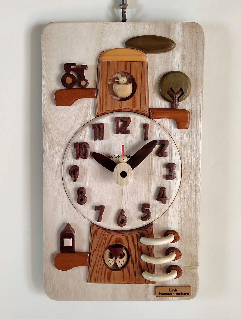 時計　リンク　生き物と自然の繋がり　　Link 　human - nature - 時鐘/鬧鐘 - 木頭 咖啡色