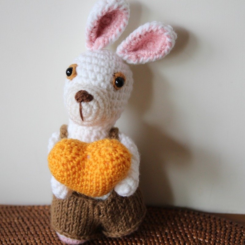 Amigurumi crochet doll: Rabbit wear Bib short, Hold the Yellow Love pillow - Stuffed Dolls & Figurines - Polyester White