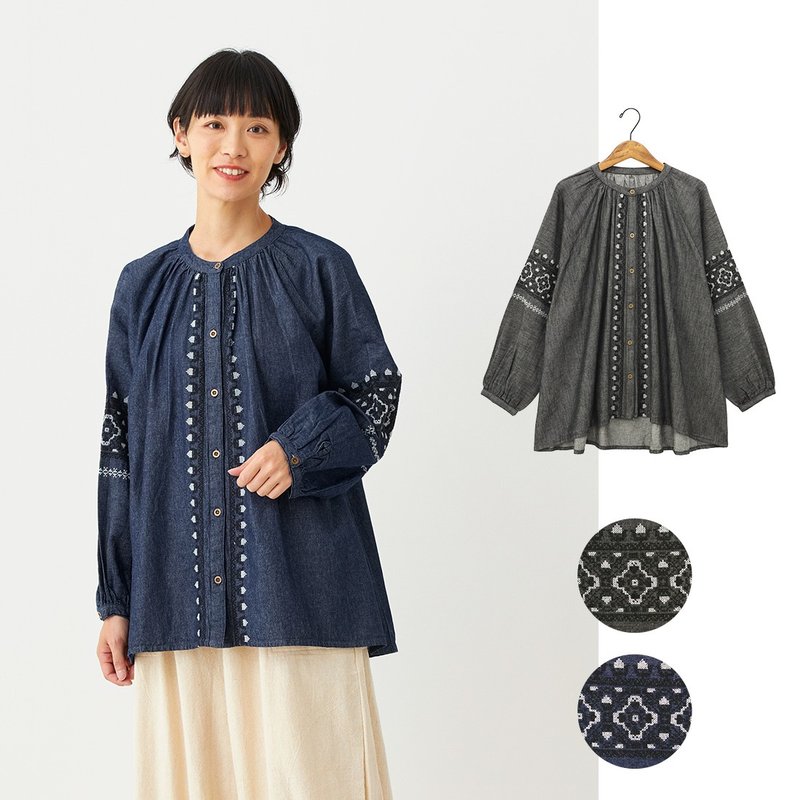 【預訂】印度製 牛仔民族刺繡襯衫 - 女上衣/長袖上衣 - 棉．麻 藍色