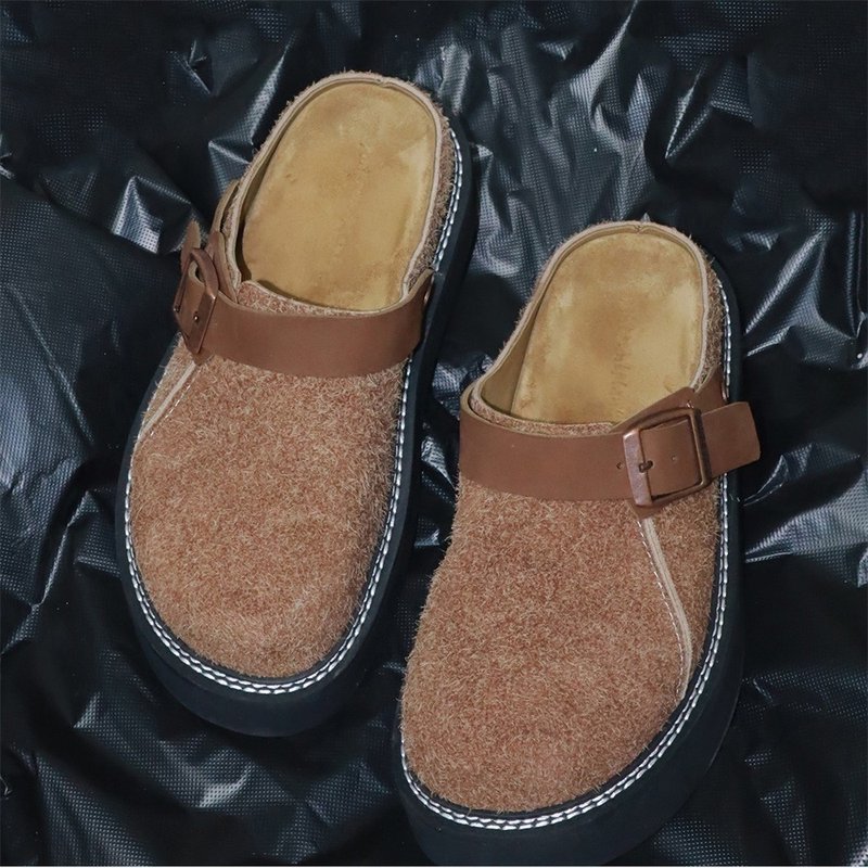 Autumn Moon Snow Brown Thick Bottom Frosted Leather Birkenstock Toe Layer Frosted Leather Slippers 35-39 - Women's Leather Shoes - Genuine Leather Brown