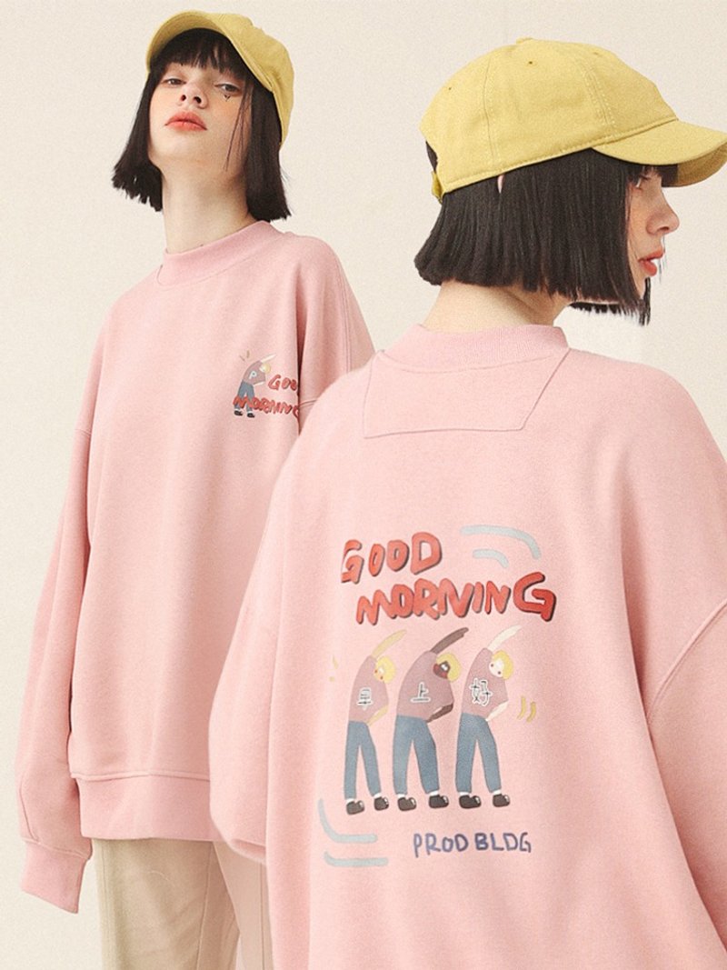 PROD粉色圓領衛衣女薄款早上好寬松韓版學生半高領少女春秋薄外套 - 女上衣/長袖上衣 - 棉．麻 