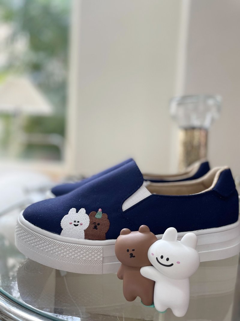 Paidal x 87 Little Rabbit and Happy Birthday Bear Electric Embroidery Thick-Soled Loafers Non-Bending Shoes-Dark Blue - Women's Casual Shoes - Cotton & Hemp Blue