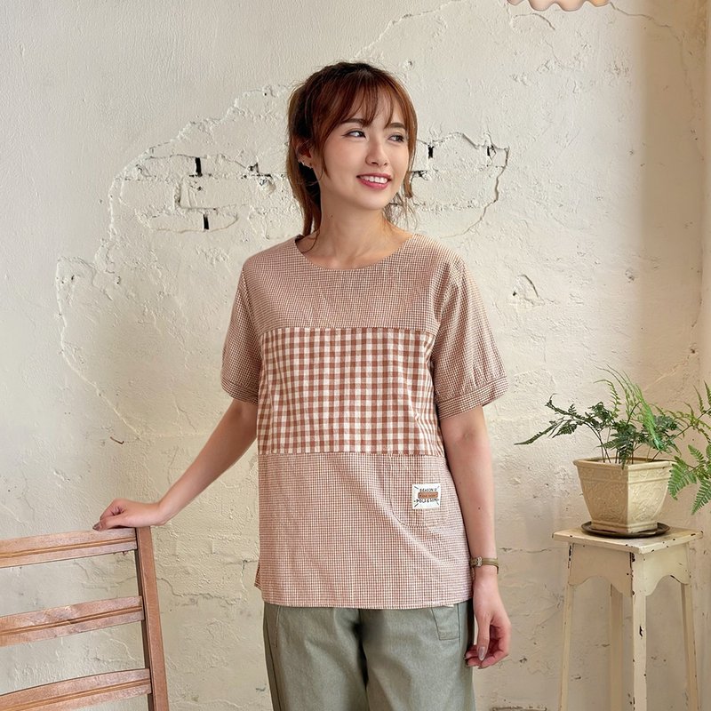 Hana Mokuba 圓領格紋小口袋上衣 - 女上衣/長袖上衣 - 其他材質 