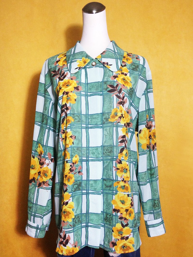 Ping-pong vintage [vintage shirt / watercolor flowers Long-sleeved plaid shirt vintage] abroad back VINTAGE - เสื้อเชิ้ตผู้หญิง - เส้นใยสังเคราะห์ สีเขียว