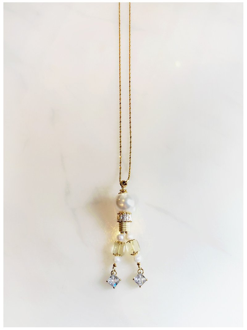 ∴Minertés = lemon yellow Stone crystal ‧ ‧ ‧ pearl necklace Bronze ∴ - สร้อยคอ - เครื่องเพชรพลอย สีเหลือง