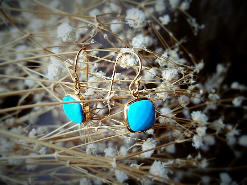 (出清價) Natural Stone - 方形天然土耳其石 純銀耳環 公主方 - 耳環/耳夾 - 寶石 藍色