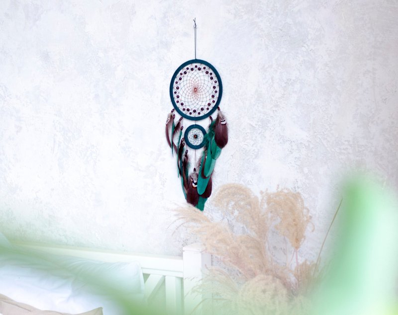 Green brown Natural dream catcher Handmade dreamcatcher Native American style - 壁貼/牆壁裝飾 - 繡線 