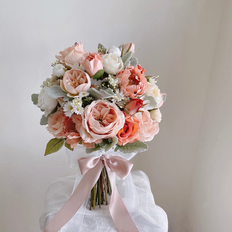 [Artificial flowers] Coral pink orange peony rose spherical artificial flower bouquet - Other - Plastic Pink