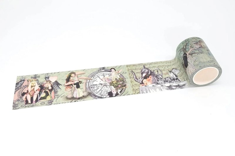 Alice in Wonderland vintage collage washi tape- 6 cm wide ta - 紙膠帶/和紙/PET - 紙 綠色