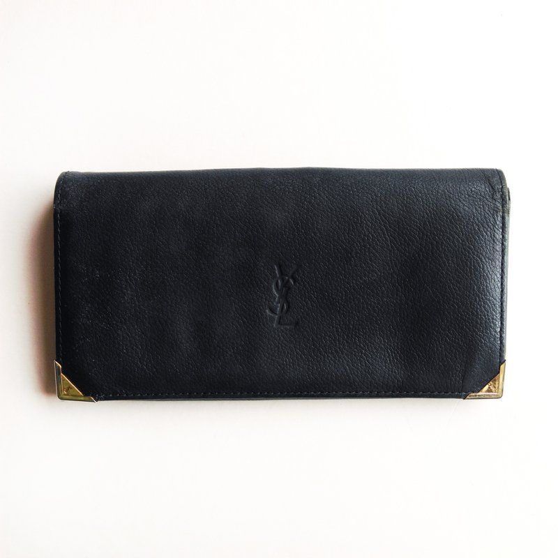 A ROOM MODEL - VINTAGE, BD-0596 YSL long dark blue folder - กระเป๋าสตางค์ - หนังแท้ สีน้ำเงิน