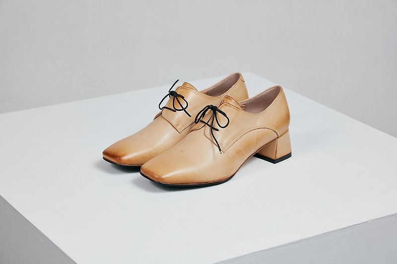 H THREE classic square head derby heel / original leather color / thick heel / retro - รองเท้าอ็อกฟอร์ดผู้หญิง - หนังแท้ สีนำ้ตาล
