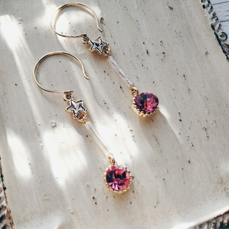 momolico  earring  swarovski  crystal star - Earrings & Clip-ons - Other Materials Pink