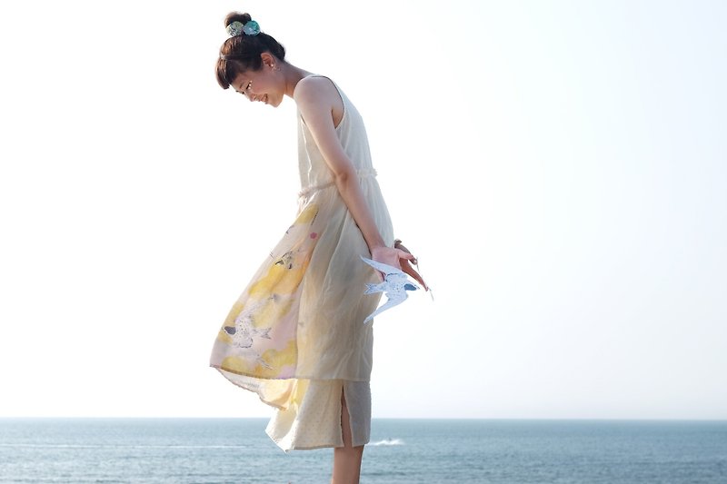 Bird Macchiato / Sleeveless Dress - One Piece Dresses - Cotton & Hemp Yellow