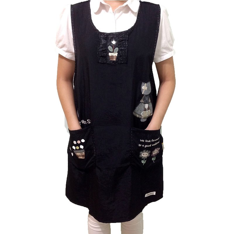 [BEAR BOY] silky cotton cap girl double pocket apron - black (side buckle) - ผ้ากันเปื้อน - ไนลอน สีดำ