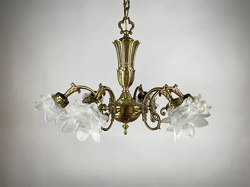HappyDuckVintage 令人驚歎的復古黃銅和玻璃枝形吊燈|6 燈吊燈照明|