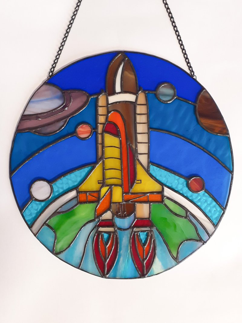 Spaceship Dreamcatcher Stained Glass, Rocket Ornament Stained Glass Panel Window - ของวางตกแต่ง - แก้ว หลากหลายสี