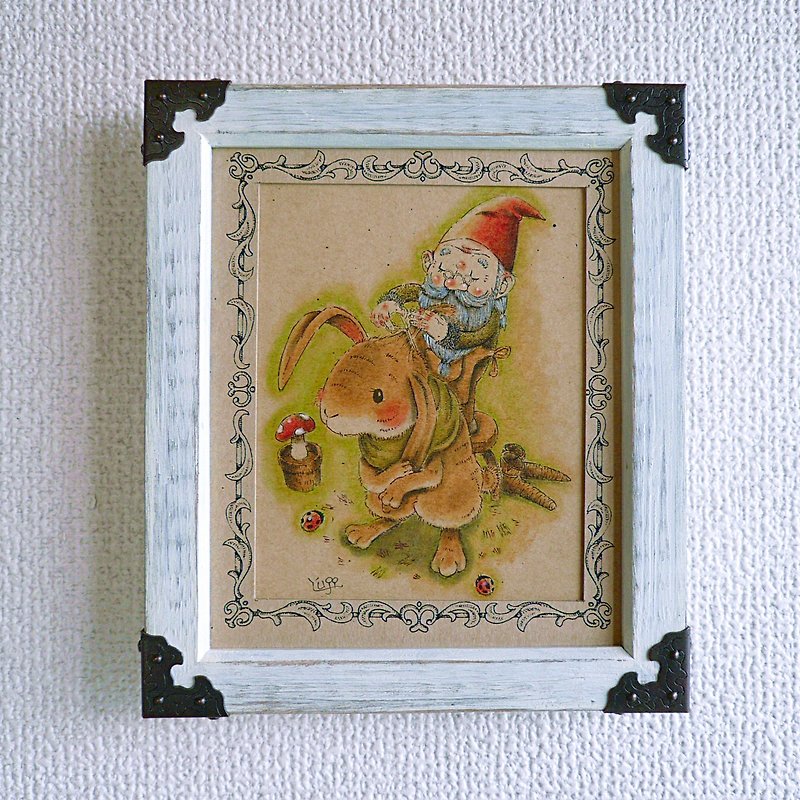 【額入り】ノームのウサギの散髪 - 掛牆畫/海報 - 紙 卡其色