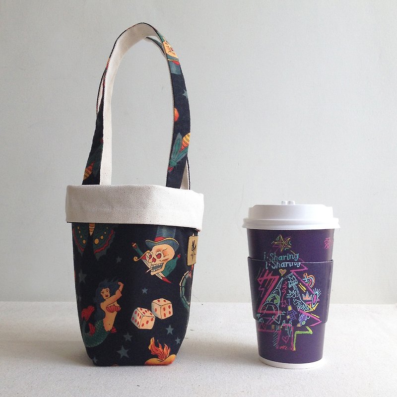 Mermaid Tattoo Style Beverage Bag One-Side Face Cup - ถุงใส่กระติกนำ้ - ผ้าฝ้าย/ผ้าลินิน สีดำ