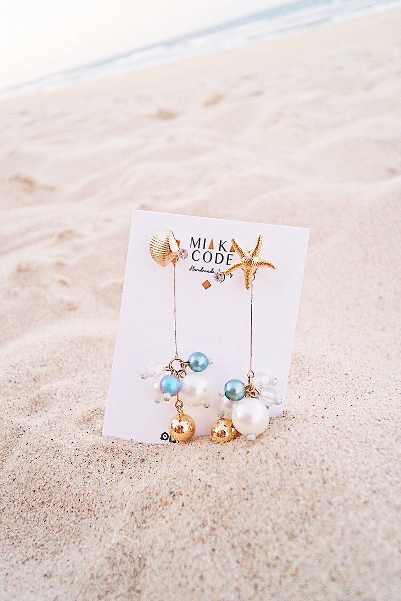 (Booking) A variety of wearing handmade beaded marine series starfish shell - pearl long section - earrings / ear clips - Earrings & Clip-ons - Other Materials Blue