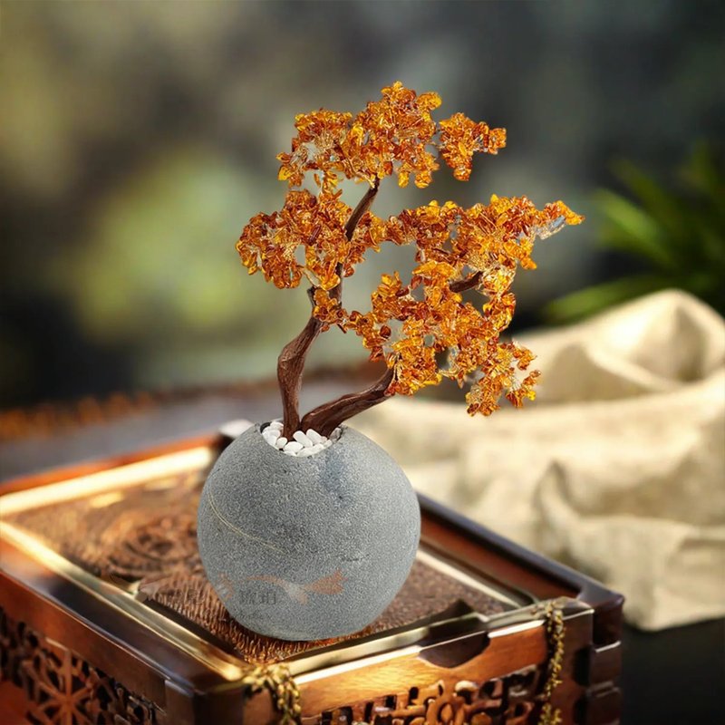 騰彪琥珀 天然琥珀蜜蠟 手作精工 金碩琥珀招財樹 風水招財 擺件 - 擺飾/家飾品 - 半寶石 橘色