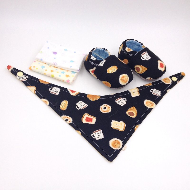 Bread coffee (black background)-Miyue baby gift box (toddler shoes / baby shoes / baby shoes + 2 handkerchiefs + scarf) - ของขวัญวันครบรอบ - ผ้าฝ้าย/ผ้าลินิน สีดำ