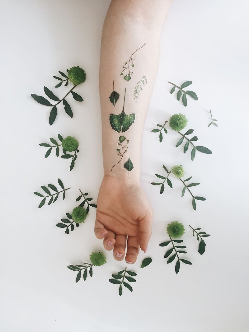 銀杏-2入紋身貼紙 原創手繪設計 - Temporary Tattoos - Paper Green