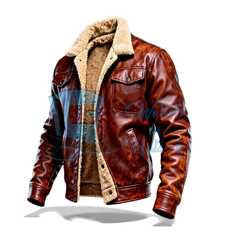 Vintage Brown Leather Bomber Jacket with Faux Shearling Collar - 男夾克/外套 - 真皮 咖啡色