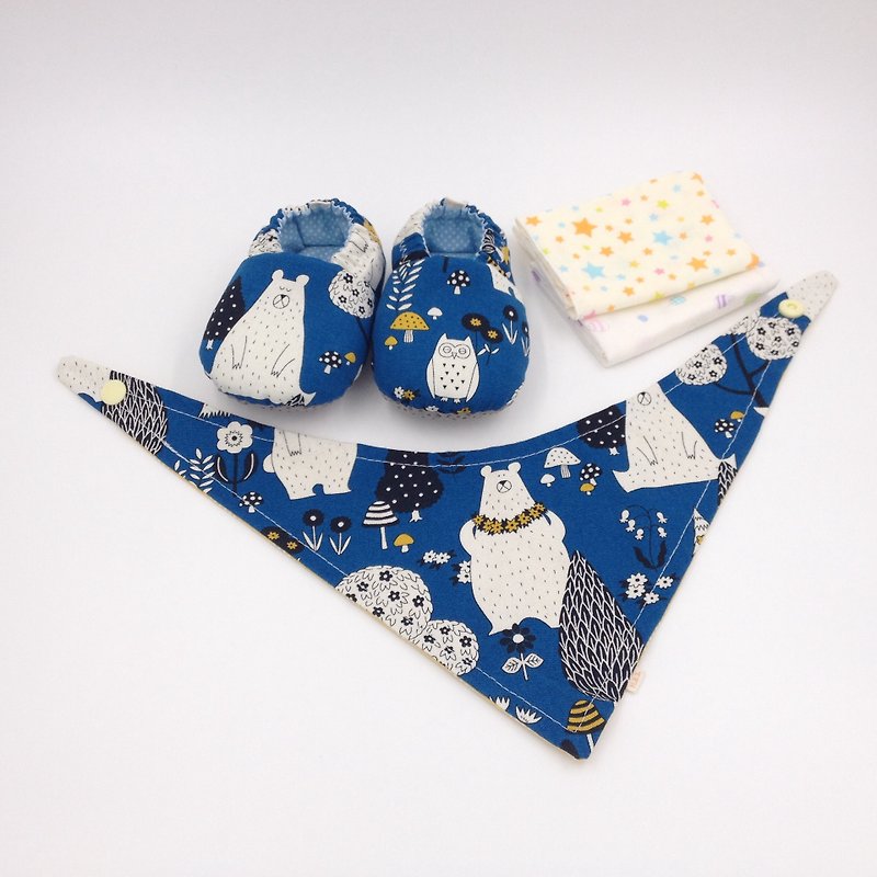 Big white bear (blue bottom) - Miyue baby gift box (toddler shoes / baby shoes / baby shoes + 2 handkerchief + scarf) - ของขวัญวันครบรอบ - ผ้าฝ้าย/ผ้าลินิน สีน้ำเงิน