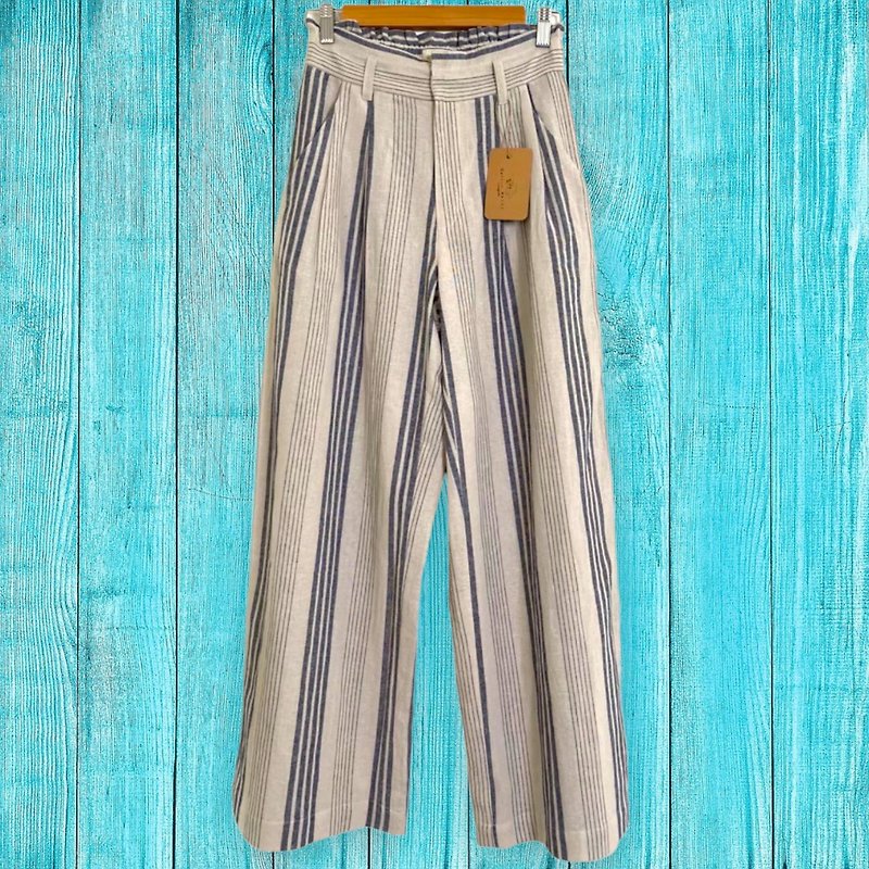 Long pants, Elderberry stripes, stretch waist at the back, beautiful shape - 男長褲/休閒褲 - 棉．麻 藍色