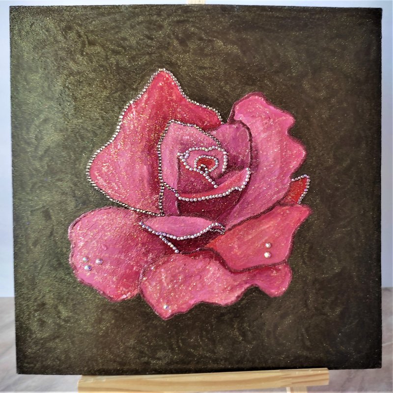 Rose Original Painting Flower Hanging Painting Wall Decoration Living Room Gift - 壁貼/牆壁裝飾 - 顏料 多色