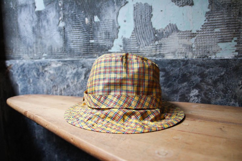 袅袅 department store -Vintage yellow plaid fisherman hat retro - Hats & Caps - Polyester 