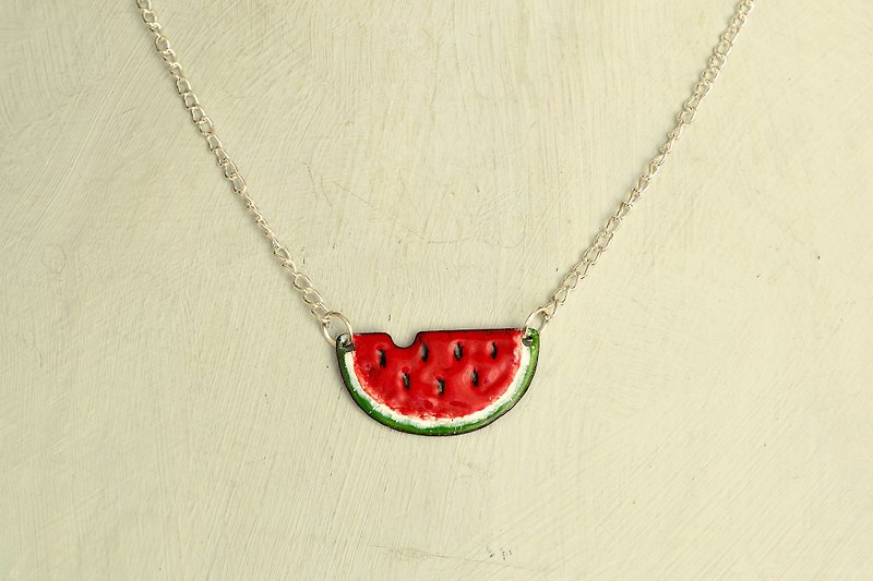 Watermelon enamel necklace, based on copper - สร้อยคอ - วัตถุเคลือบ สีแดง