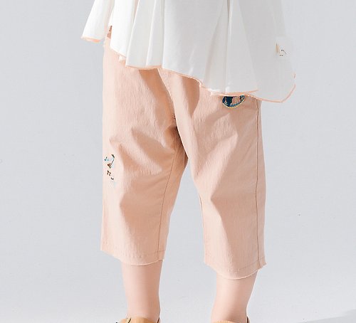 BIR自然棉麻品牌服飾 【出清優惠】刺繡七分褲 白/粉紅
