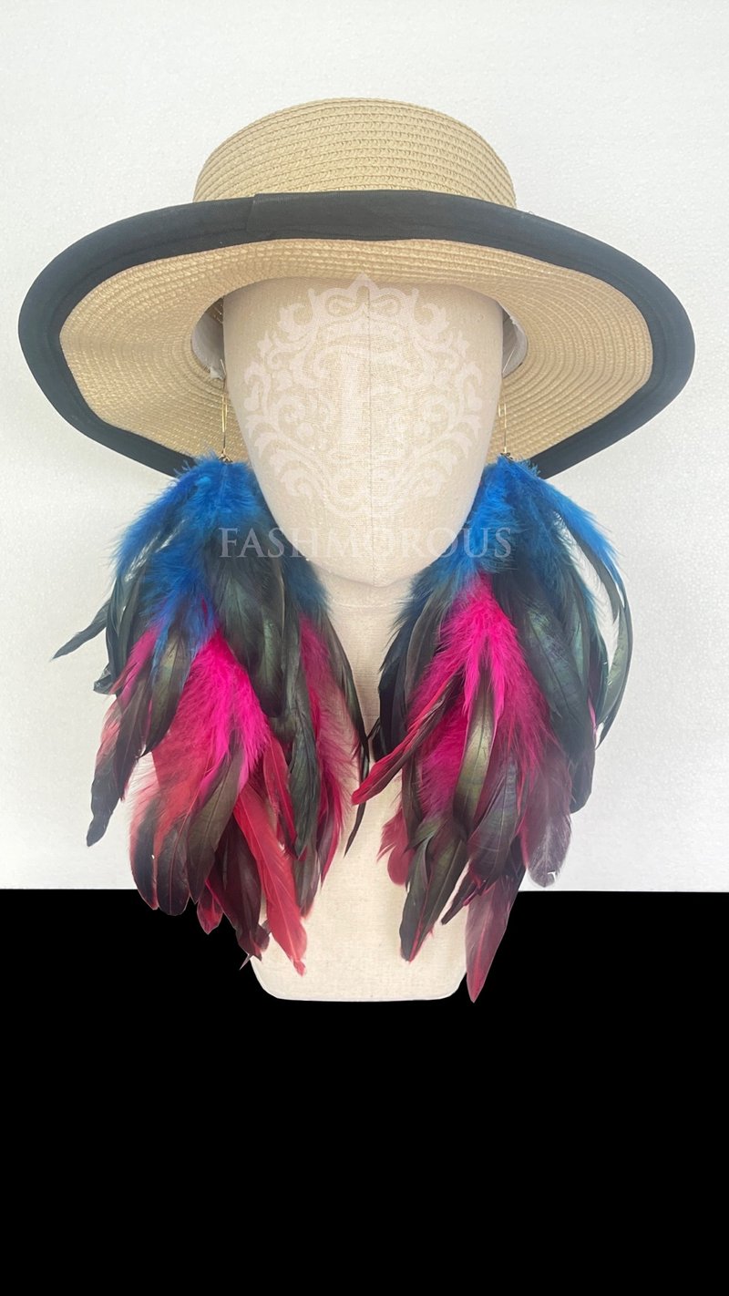 Long Feather Earrings, Navy blue and Pink Feather Statement Earrings - ต่างหู - ขนของสัตว์ปีก สีน้ำเงิน