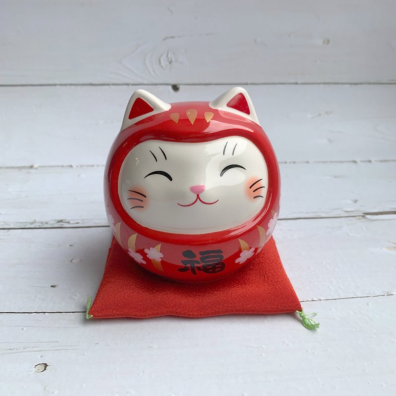 Painted Lucky Cat Dharma - Money Tray - Red / Cherry Blossom / Medium - Japanese Mascot - Items for Display - Pottery 
