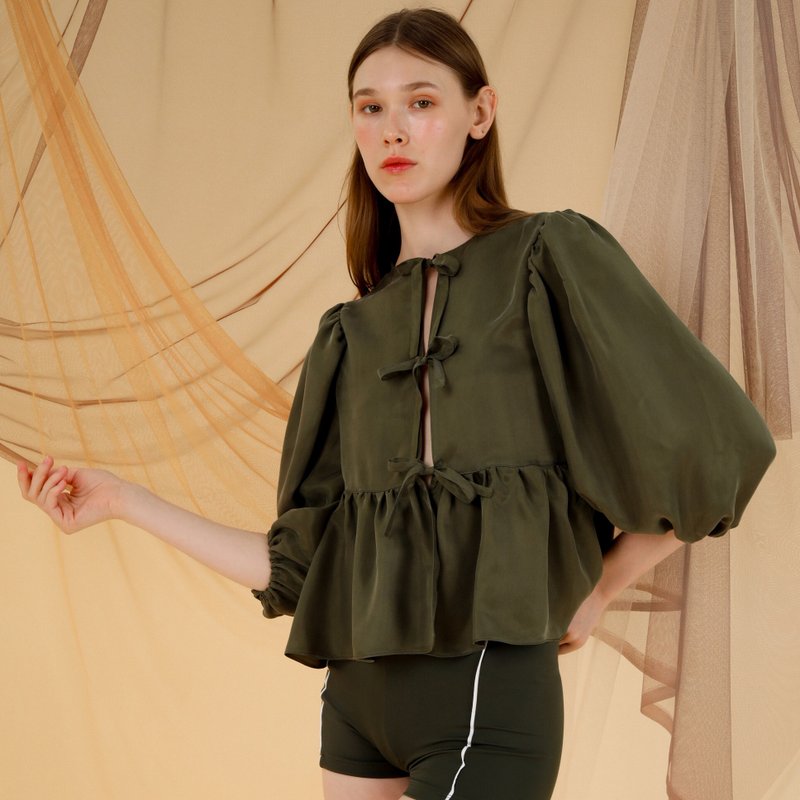 Ribbon Blouse - Grass green / beachwear cover-up top 088GREE - Women's Tops - Polyester Green