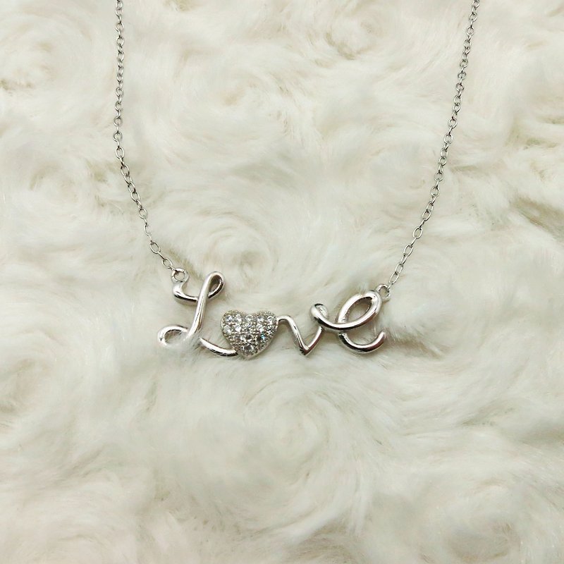 Love Clavicle Necklace 925 Silver Cursive Bling Heart shaped Pendant - สร้อยคอทรง Collar - เงินแท้ สีเงิน