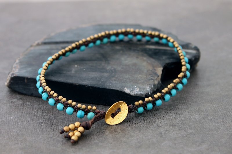 Turquoise Beaded Anklets Stone Woven Ankle Bracelets, Brass Petite Anklets - กำไลข้อเท้า - หิน สีเขียว