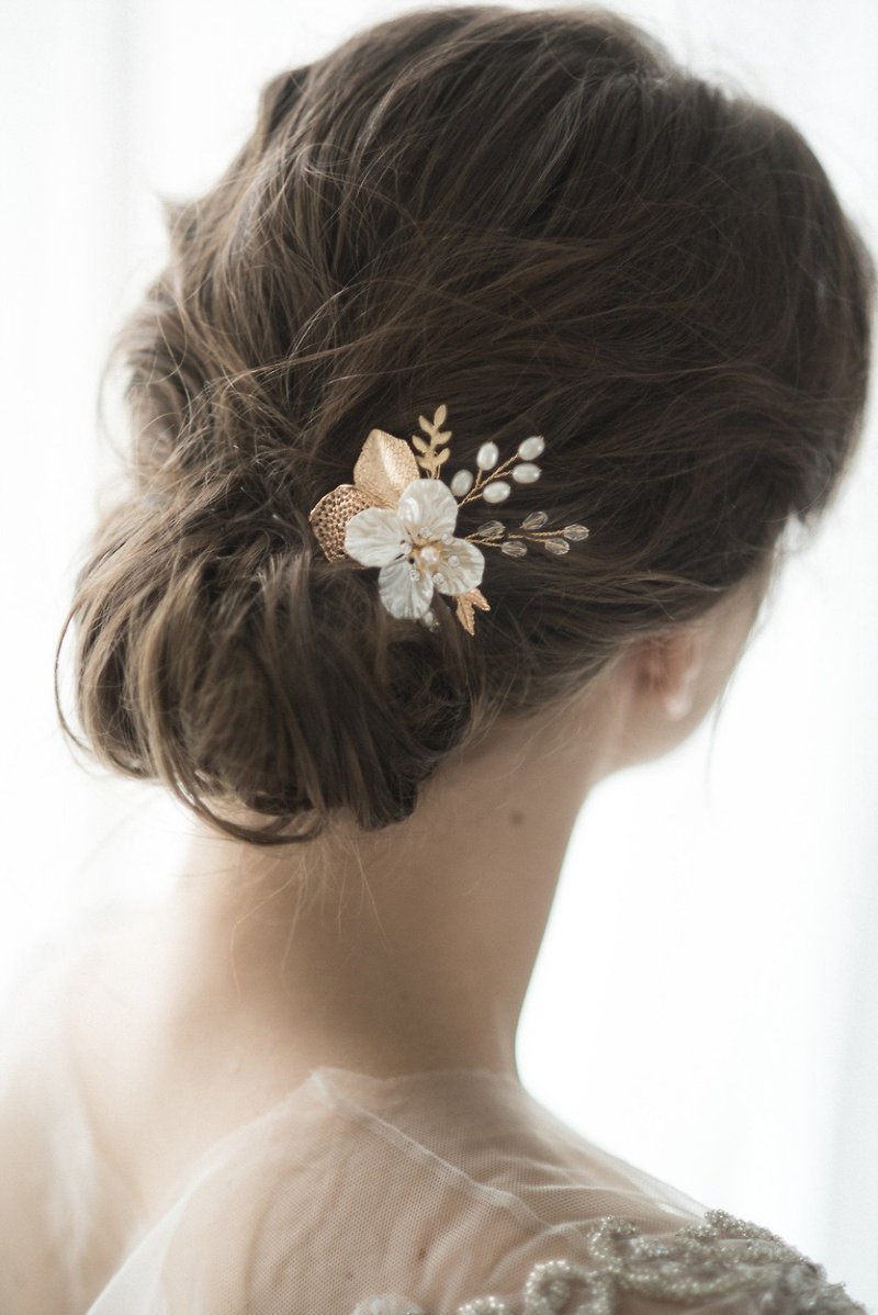 DAISY淡金色小型珍珠髮梳 新娘頭飾 - 髮夾/髮飾 - 其他材質 