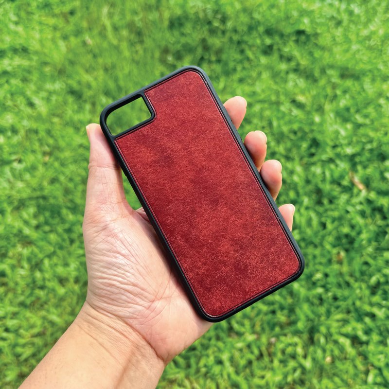 【iPhone手機殼】深紅色磨砂牛皮/防摔/多款型號/客製化印字 - 手機殼/手機套 - 真皮 紅色