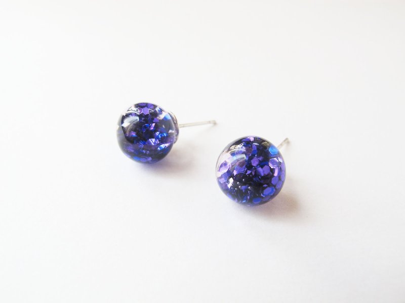 * Rosy Garden * purple and blur blitter with water inside glass ball earrings - Earrings & Clip-ons - Glass Purple