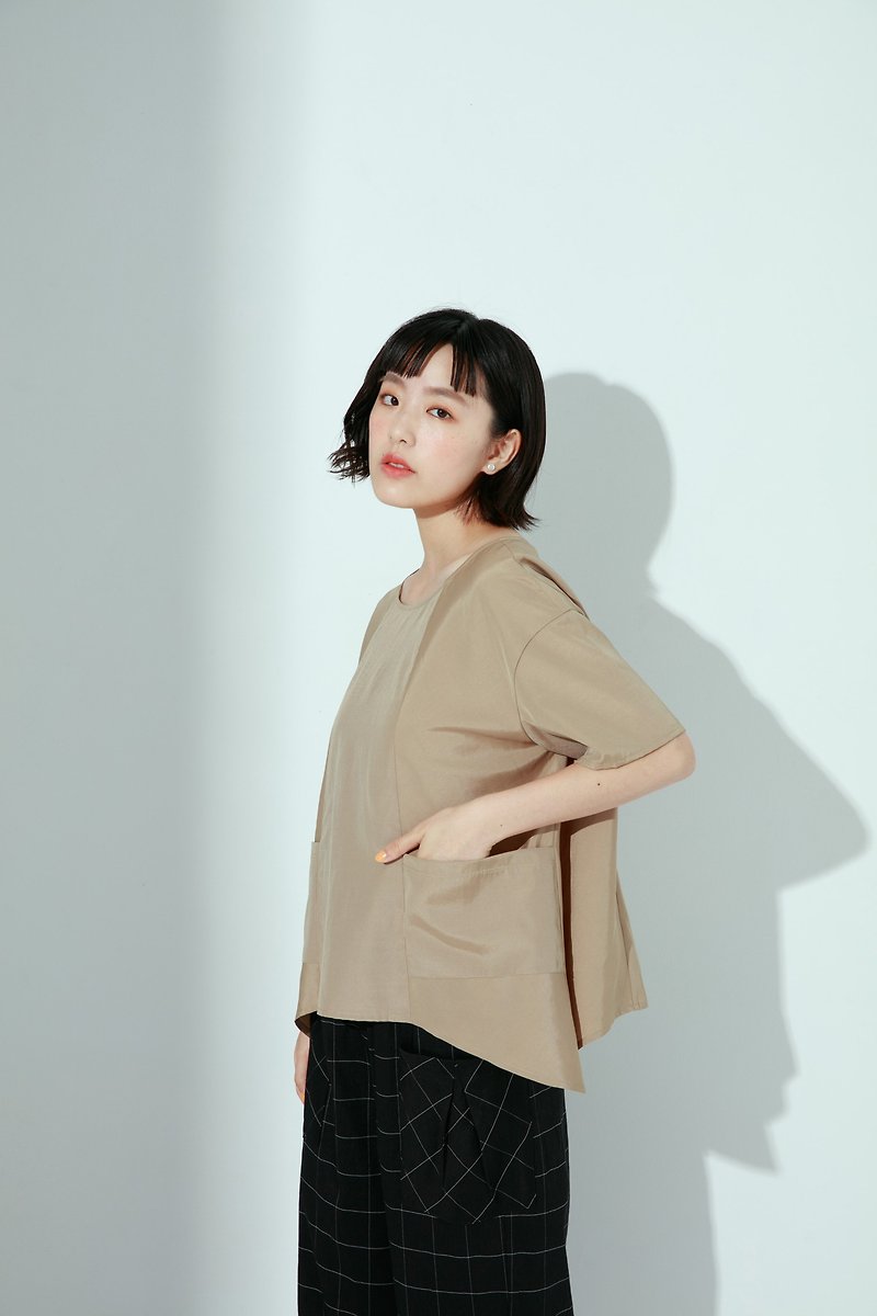 Four Seasons Life Pocket Short Sleeve Top-Meme - Women's Tops - Polyester Khaki