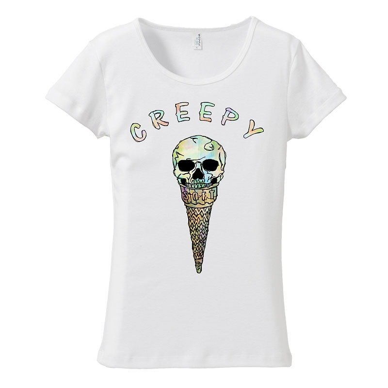 [Women's T-shirt] Creepy ice cream - เสื้อยืดผู้หญิง - ผ้าฝ้าย/ผ้าลินิน ขาว