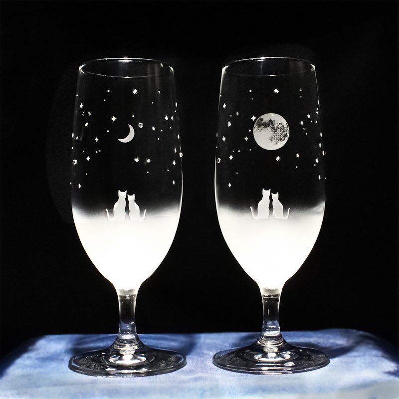 アトリエキース 一緒にみる三日月 and 満月の夜空  【ピルスナー ペアセット】   猫モチーフのグラスシリーズ 360ml - 玻璃杯 - 玻璃 透明